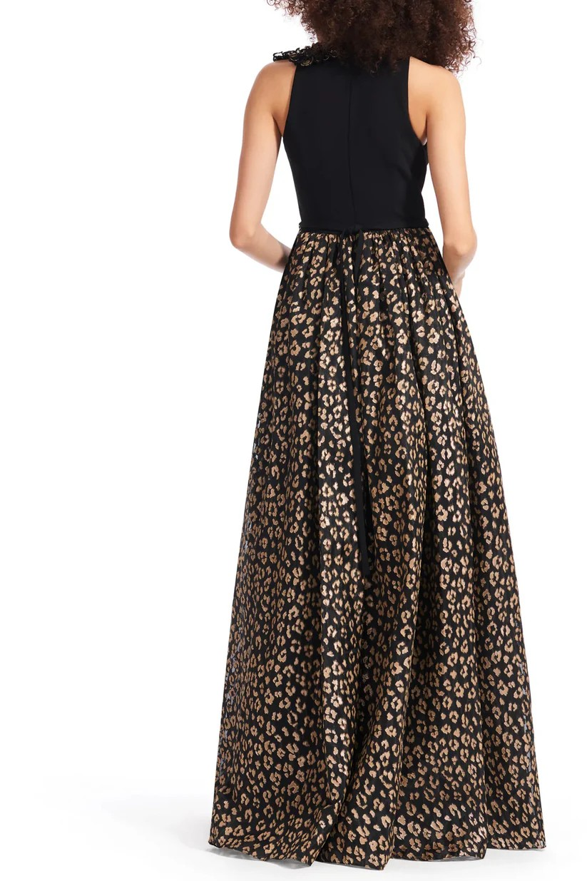 Emily Shalant Crew Neck Sleeveless Floral 3D Detail Back Zipper Long Jacquard Gown