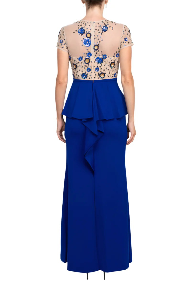 Aidan Mattox Crew Neck Short Sleeve Illusion Zipper Back Ruffled Embroidered Crepe Mesh Dress