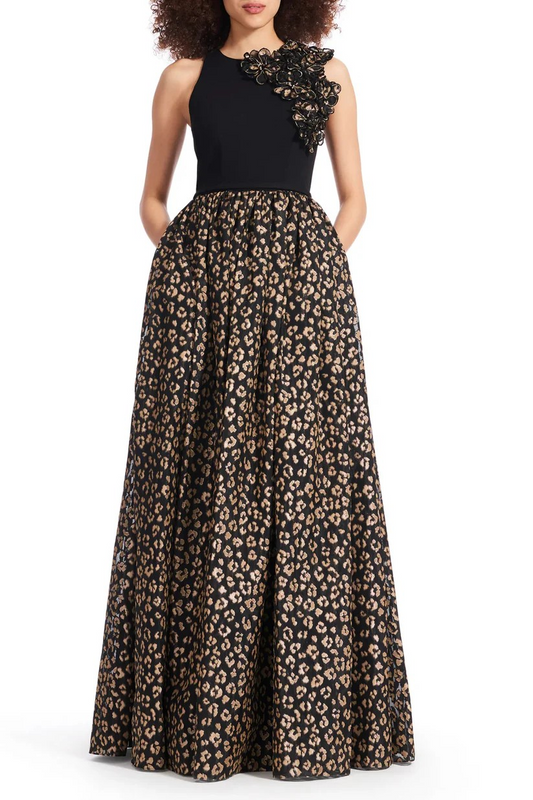 Emily Shalant Crew Neck Sleeveless Floral 3D Detail Back Zipper Long Jacquard Gown