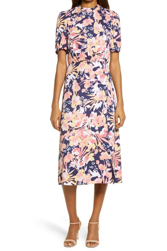 Julia Jordan High Neck Zipper Back Slit Side Floral Print Polyester Midi Dress