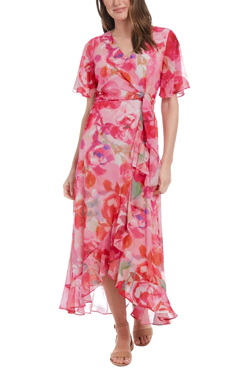 London Times Floral Print Surplice VNeck Short Sleeves Ruffled HighLow Hem FauxWrap Silhouette Chiffon Maxi Dress