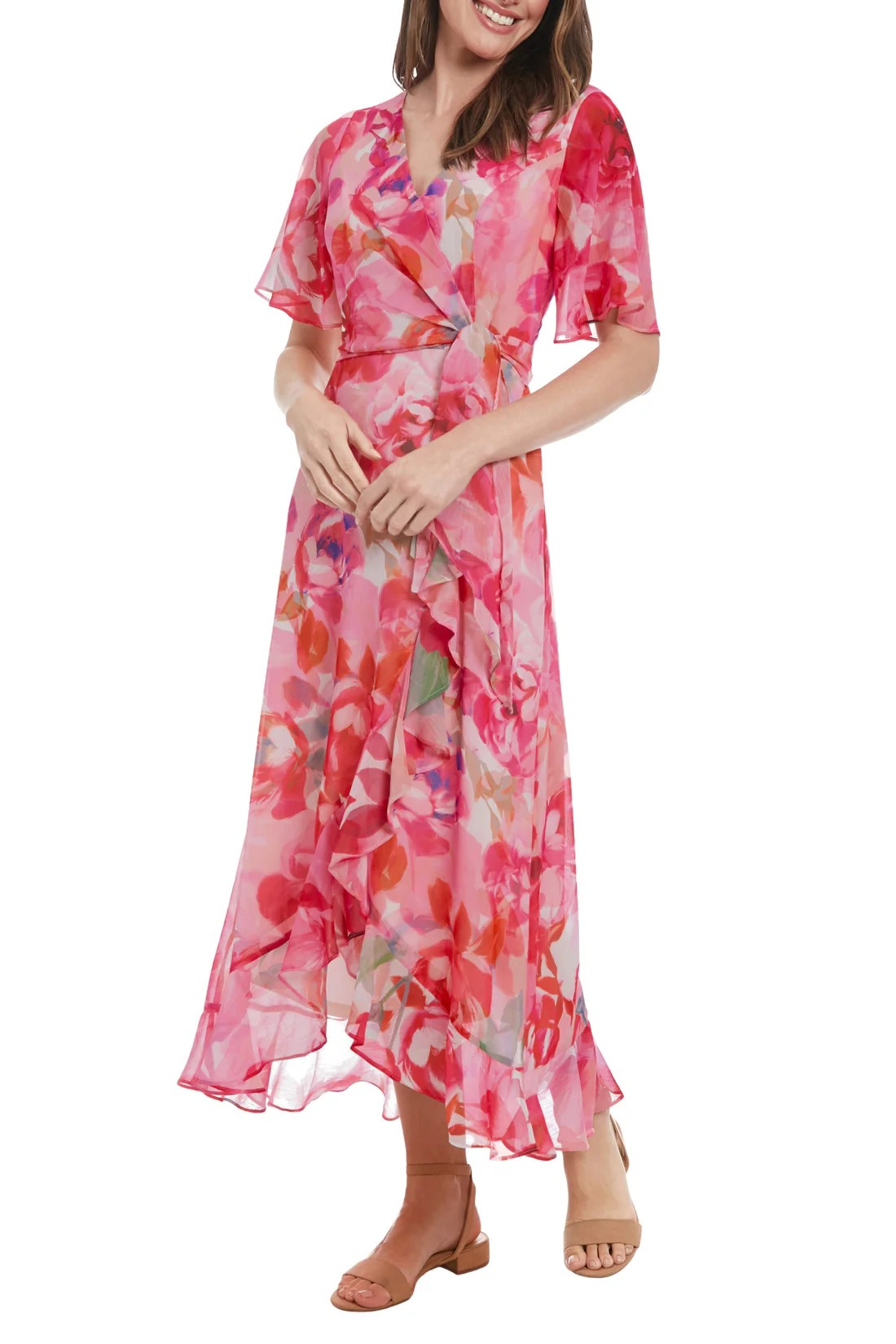 London Times Floral Print Surplice VNeck Short Sleeves Ruffled HighLow Hem FauxWrap Silhouette Chiffon Maxi Dress